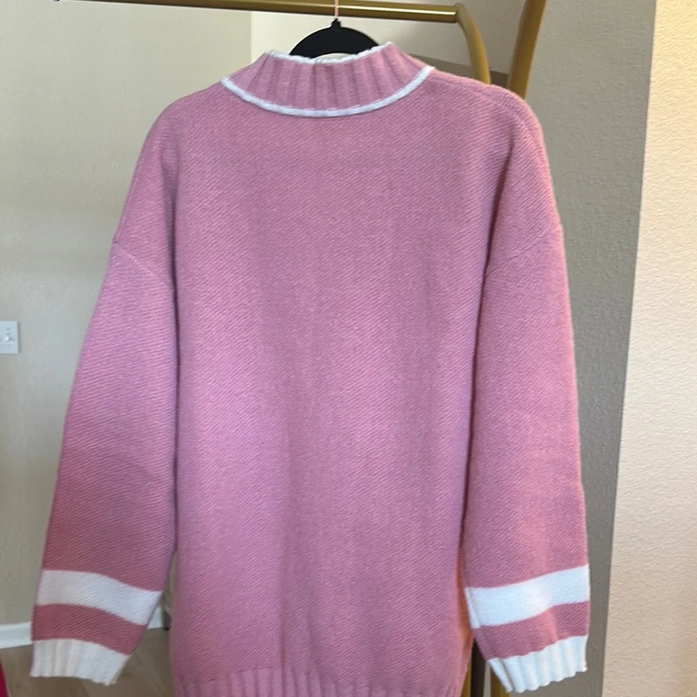 Pink and White mock Neck Sweater with Sporty Stripes - Picture 5 of 5